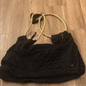 Pilyq Black Lace Shoulder Bag with Tan Handles
